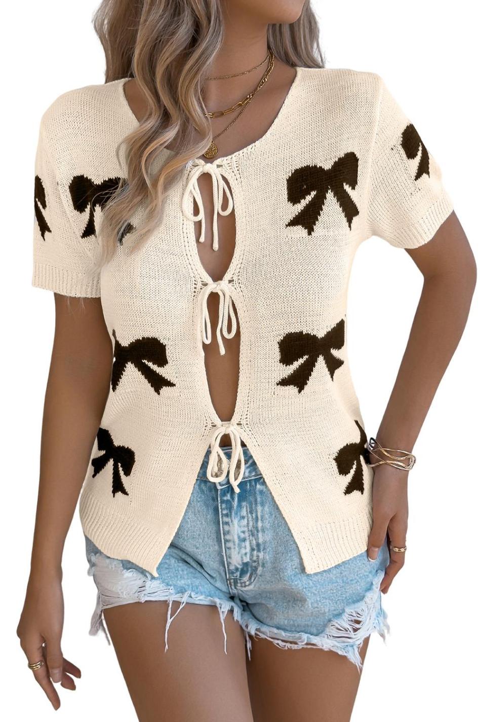 Beige Bow Tie Front Short Sleeve Knit Top | Women Knit Tops