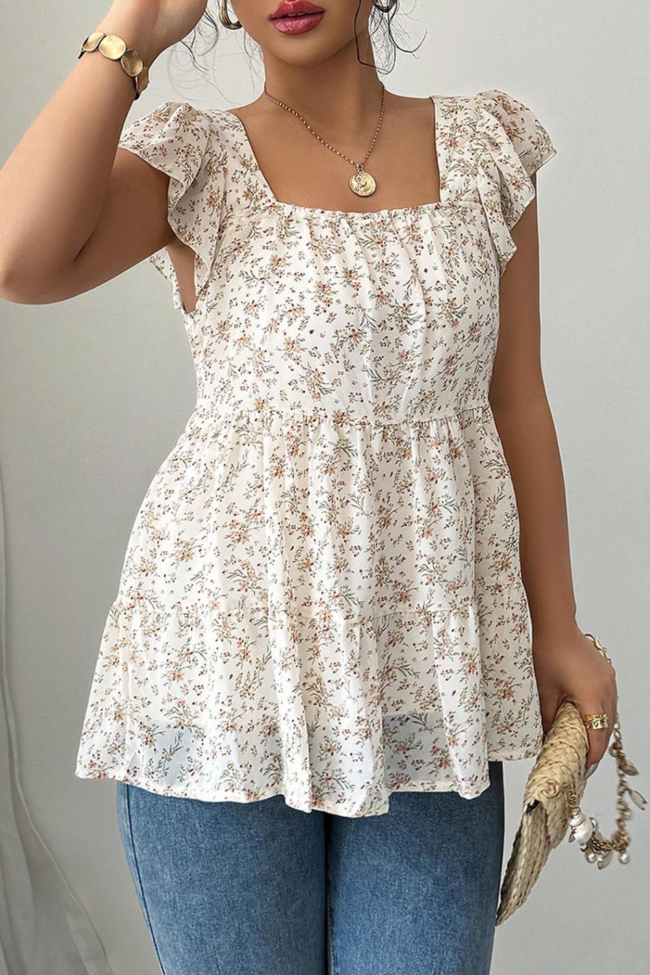 Beige Floral Print Square Neck Ruffle Sleeveless Top | Women Sleeveless Tops