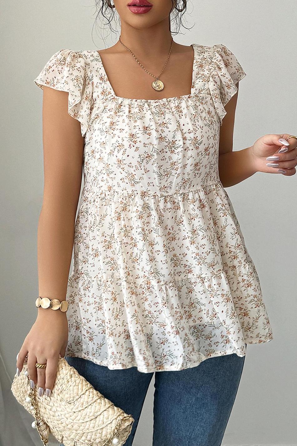 Beige Floral Print Square Neck Ruffle Sleeveless Top | Women Sleeveless Tops