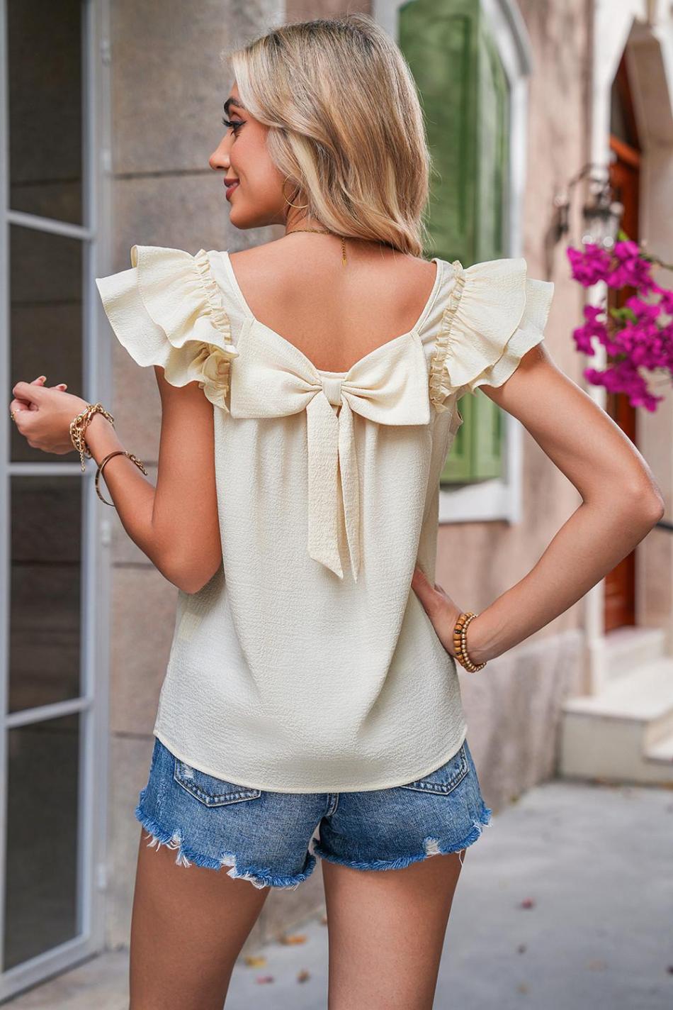 Beige Textured Bow Frilled Ruffle Sleeve Blouse | Women Blouses