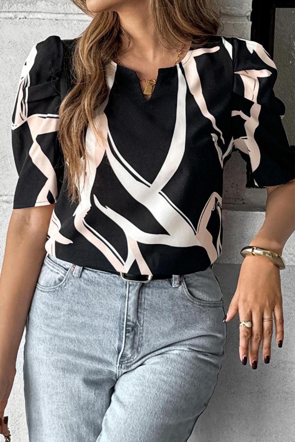 Black Abstract Print Puff Sleeve Blouse | Women Blouses