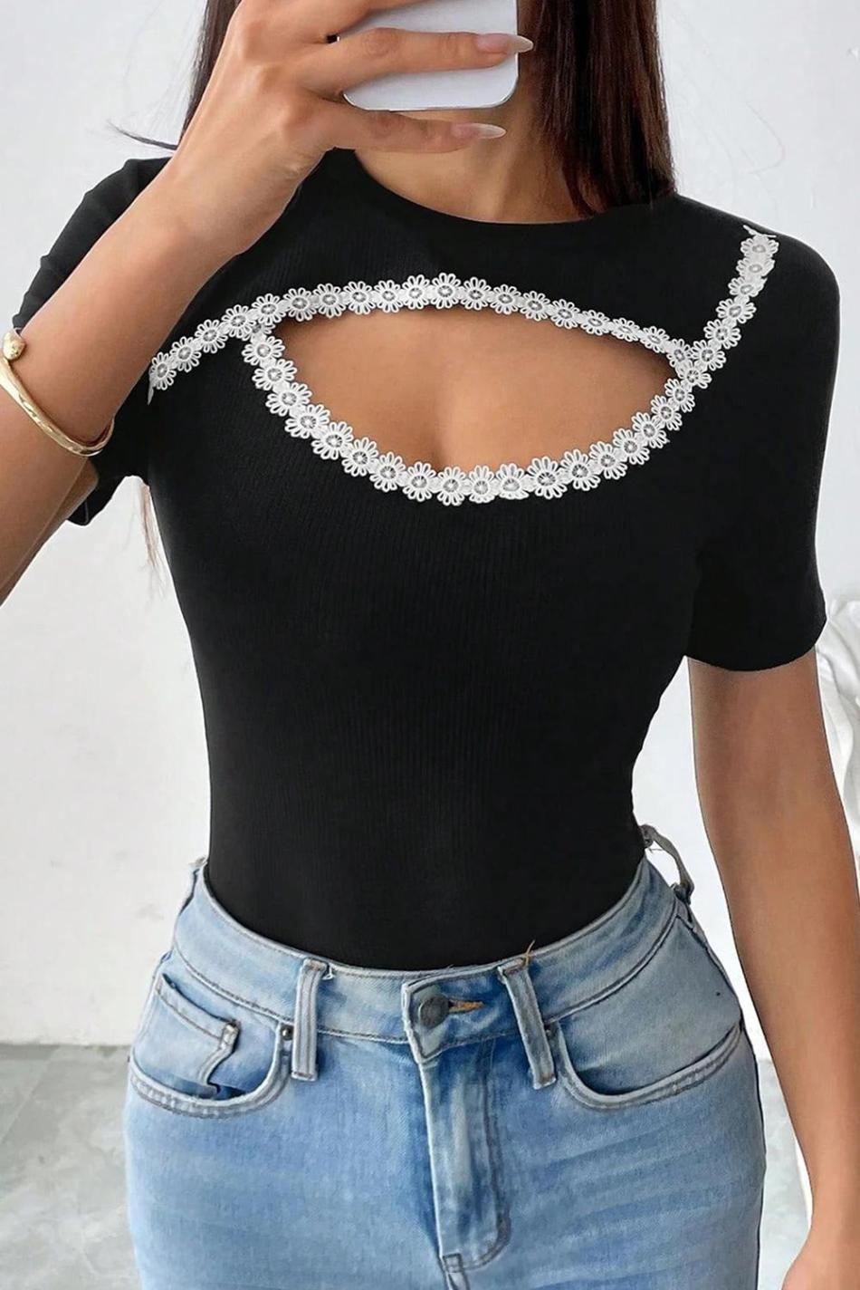 Black Contrast Lace Trim Cut Out Slim Fit Ribbed Top | Women T Shirts