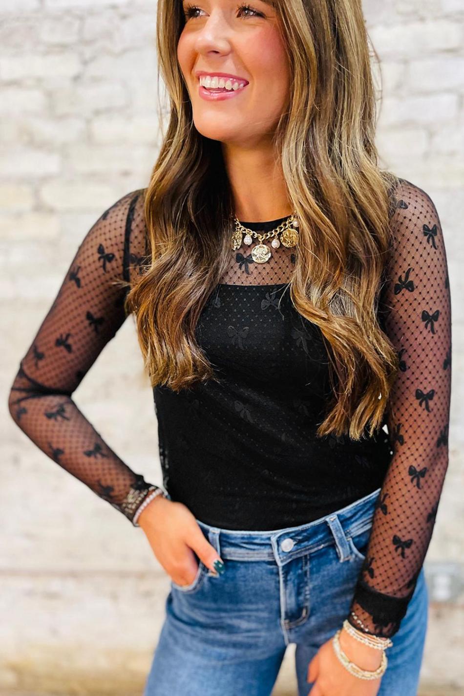 Black Dotted Bow Pattern Mesh Long Sleeve Top | Women Long Sleeve Tops