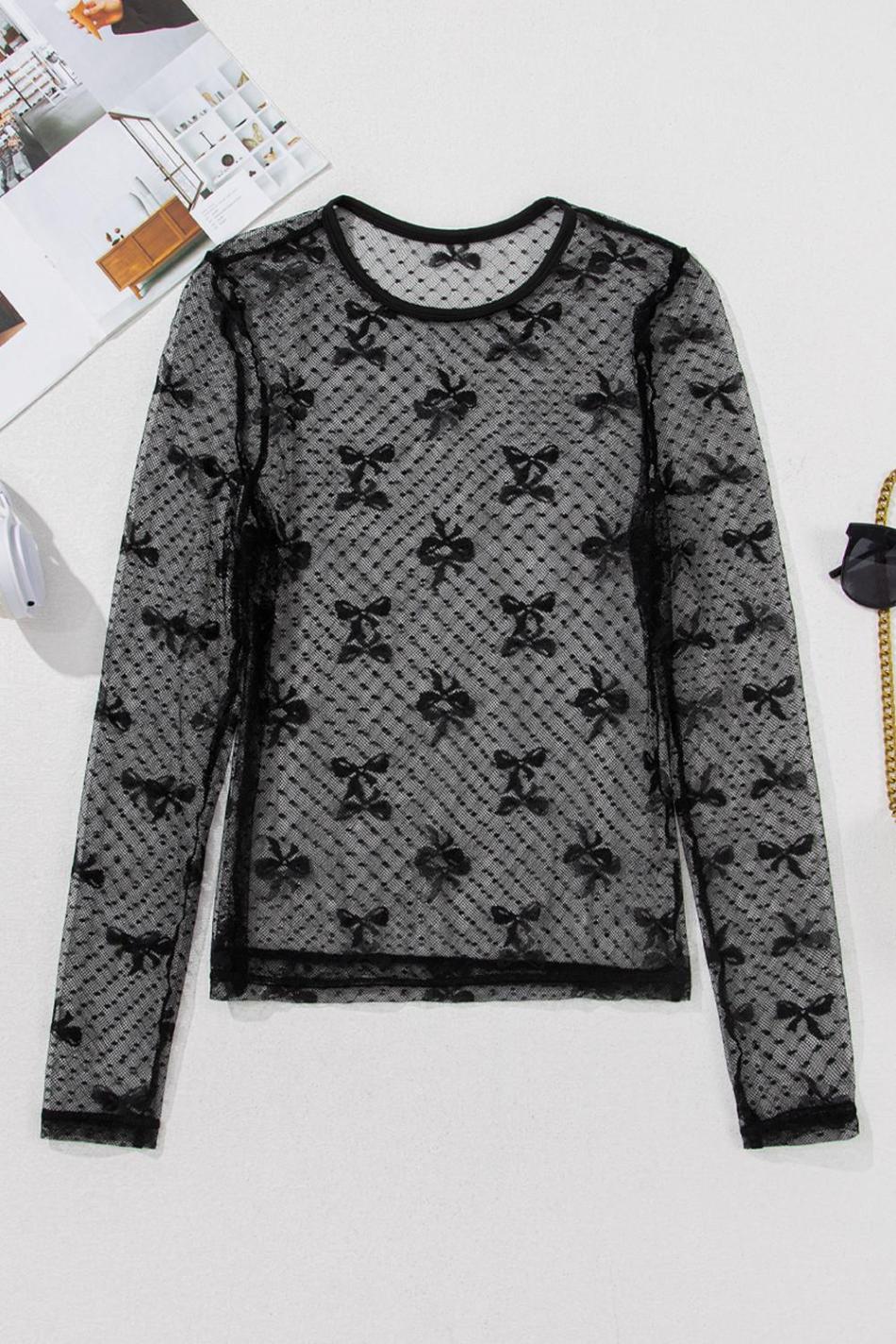 Black Dotted Bow Pattern Mesh Long Sleeve Top | Women Long Sleeve Tops
