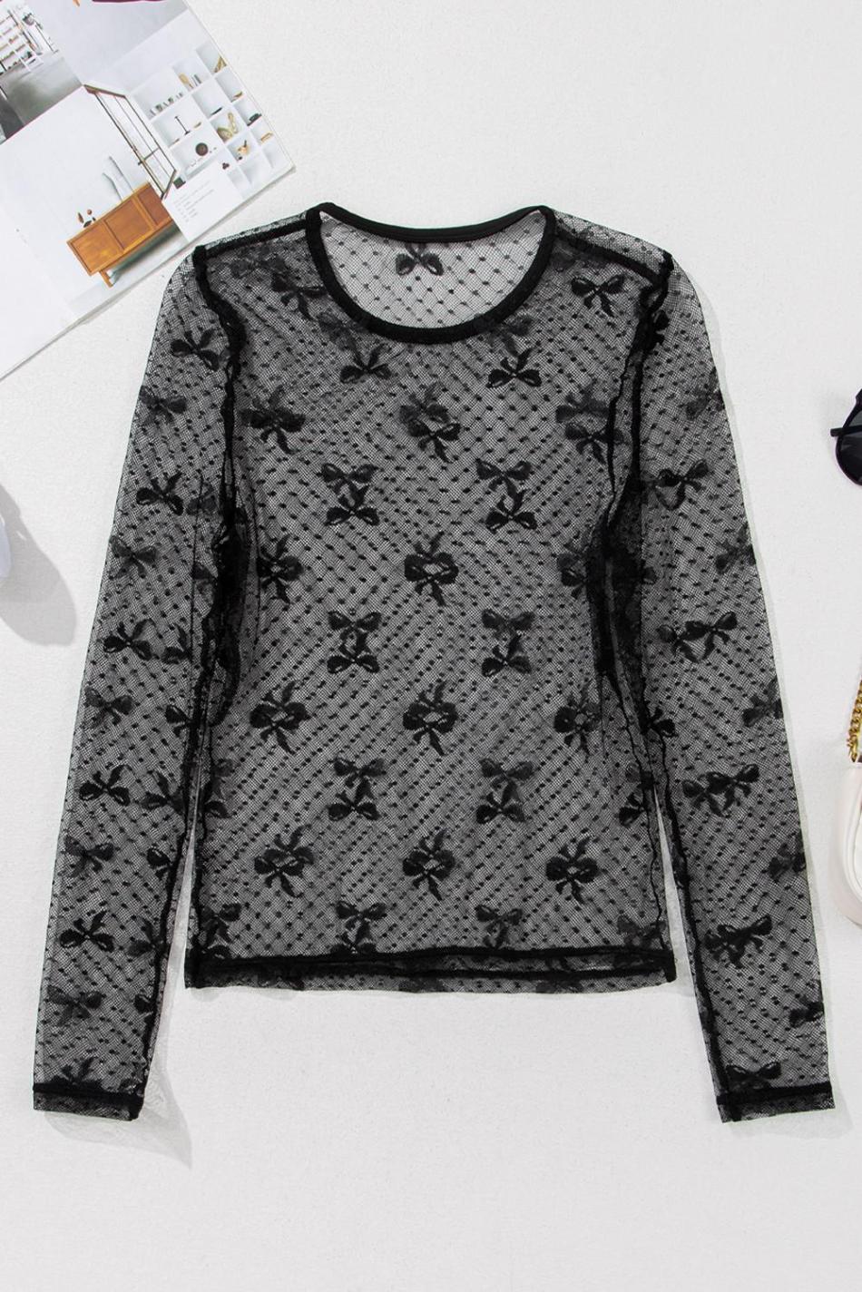 Black Dotted Bow Pattern Mesh Long Sleeve Top | Women Long Sleeve Tops
