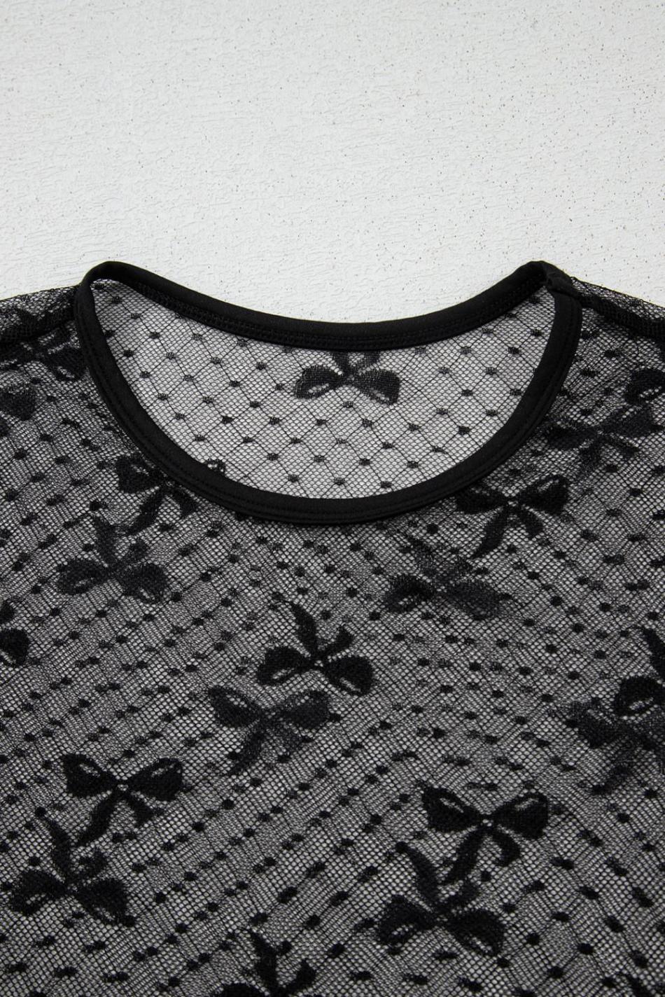 Black Dotted Bow Pattern Mesh Long Sleeve Top | Women Long Sleeve Tops