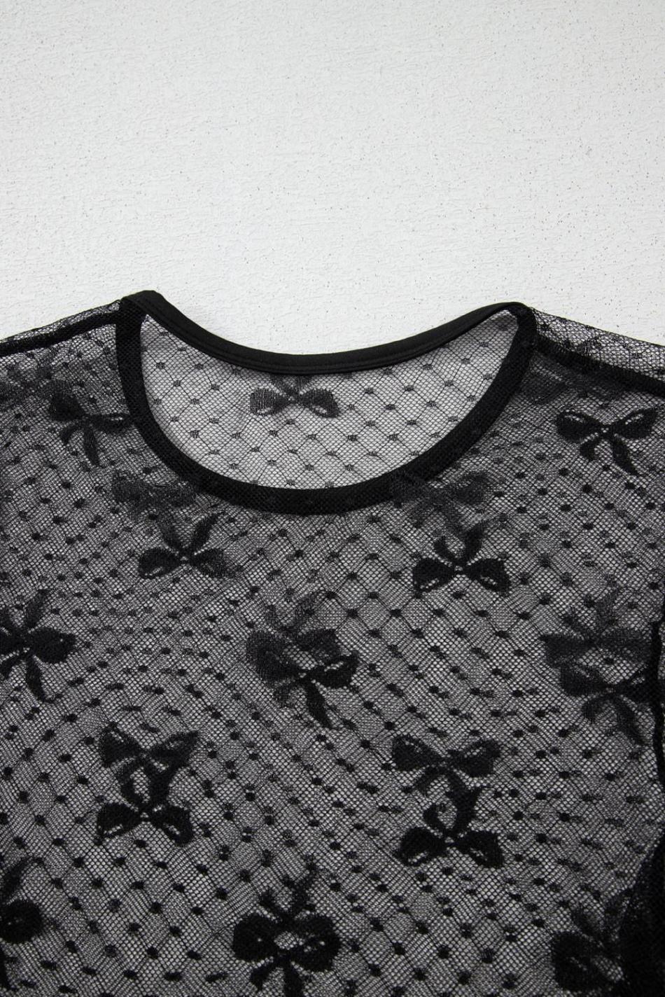 Black Dotted Bow Pattern Mesh Long Sleeve Top | Women Long Sleeve Tops