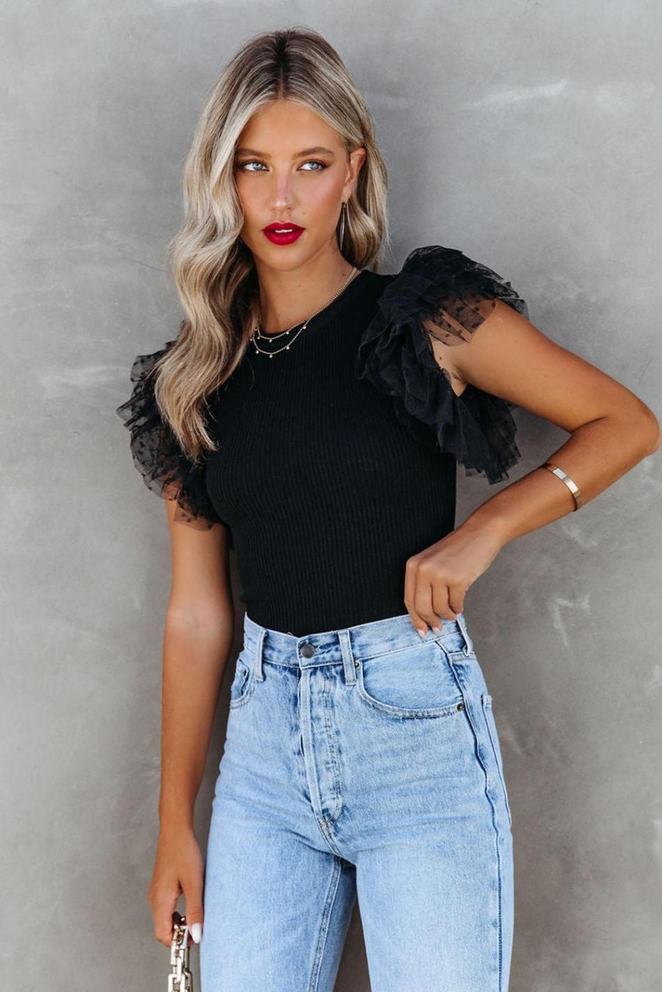 Black Dotty Layered Ruffle Sleeve Casual Ribbed Knit Top | Women Knit Tops