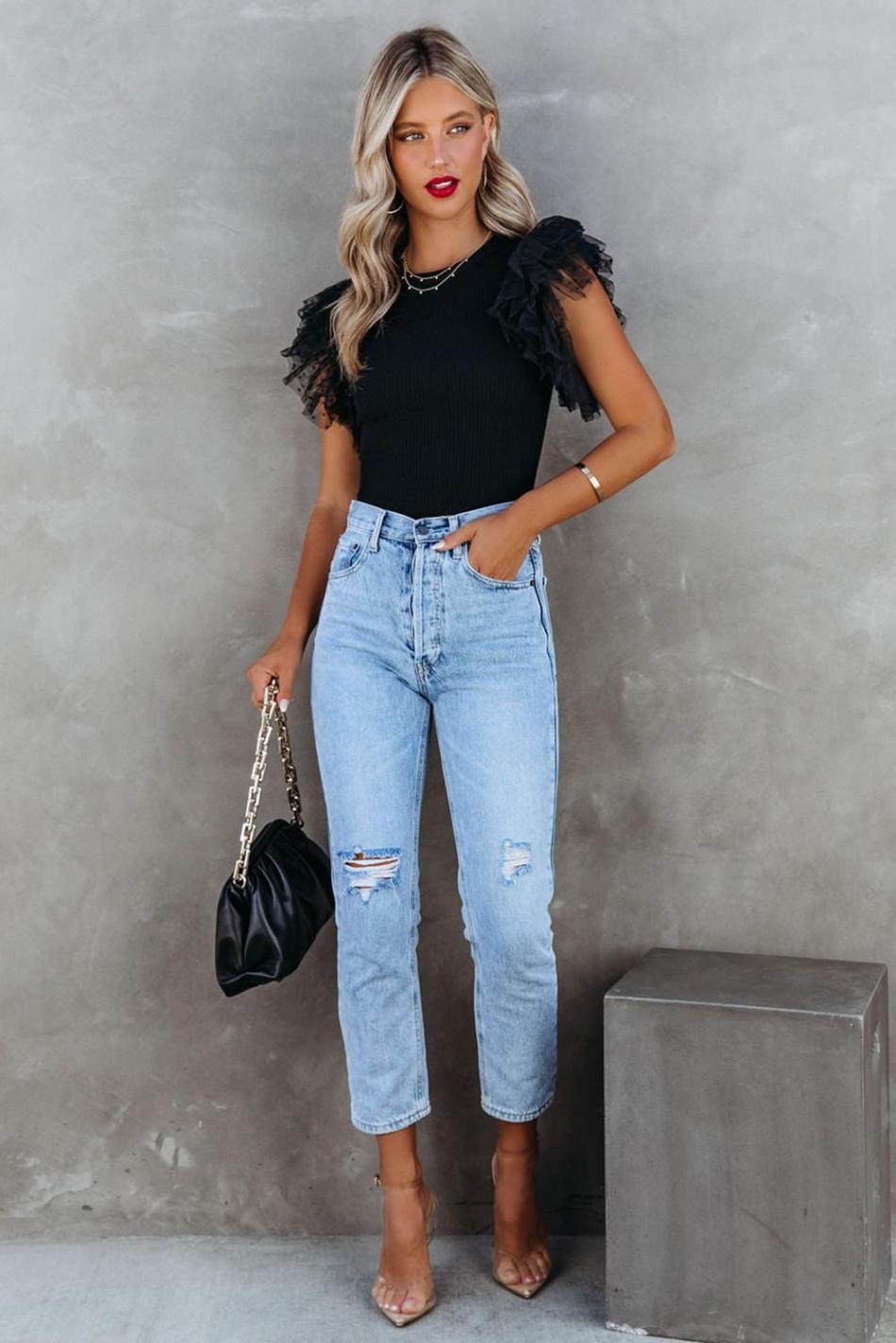 Black Dotty Layered Ruffle Sleeve Casual Ribbed Knit Top | Women Knit Tops