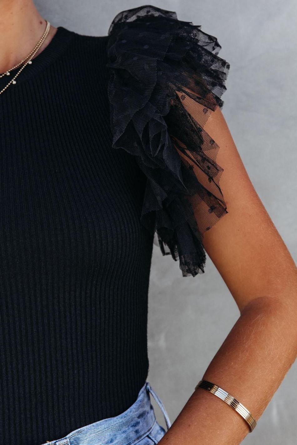 Black Dotty Layered Ruffle Sleeve Casual Ribbed Knit Top | Women Knit Tops