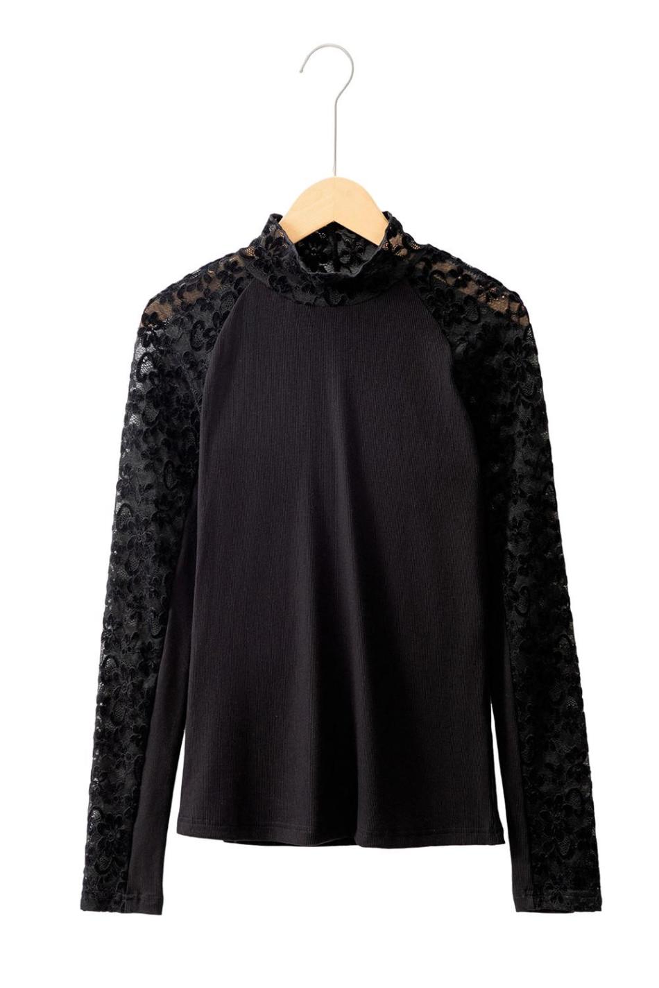 Black Floral Lace Patchwork Long Sleeve Slim Top | Women Long Sleeve Tops
