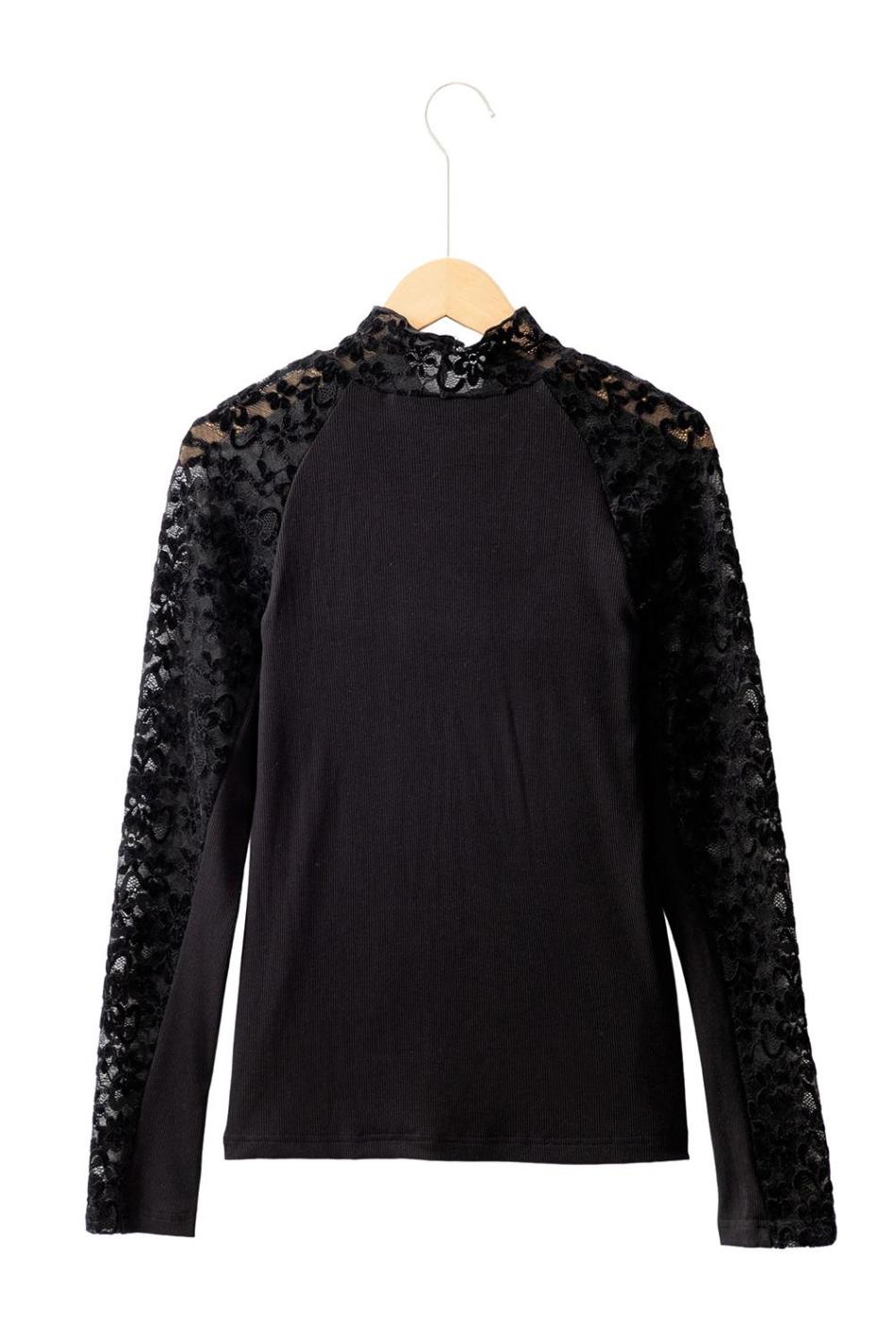 Black Floral Lace Patchwork Long Sleeve Slim Top | Women Long Sleeve Tops