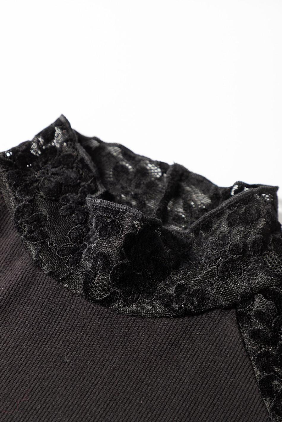 Black Floral Lace Patchwork Long Sleeve Slim Top | Women Long Sleeve Tops