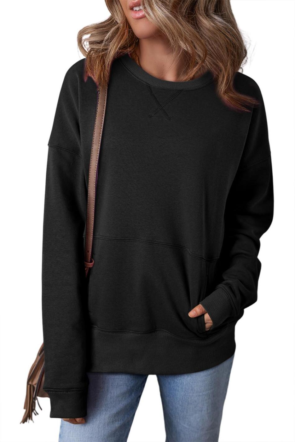 Black Kangaroo Pocket Loose Fit Drop Shoulder Sweatshirt | Women Sweatshirts & Hoodies