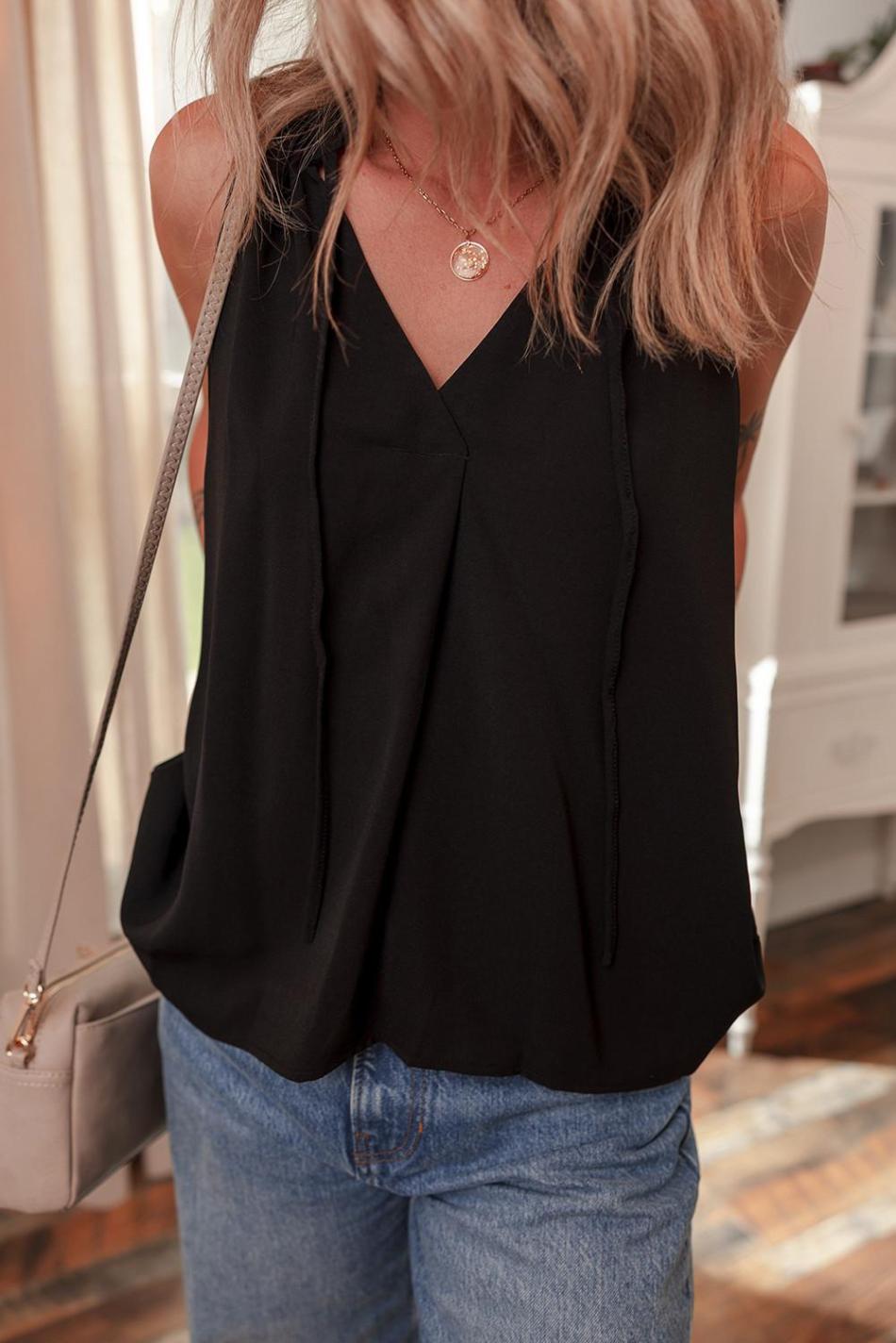 Black Pinched V Neck Tie Loose Sleeveless Top | Women Sleeveless Tops
