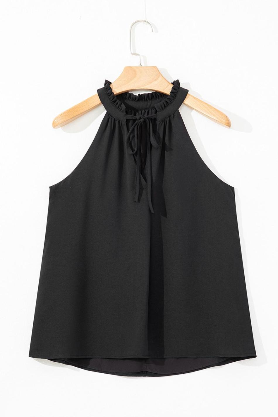 Black Pinched V Neck Tie Loose Sleeveless Top | Women Sleeveless Tops