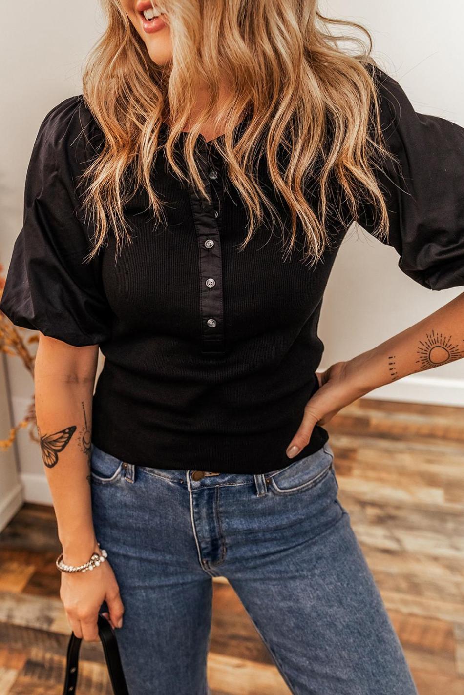 Black Ribbed Patchwork Puff Sleeve Henley Slim Fit Top | Women Knit Tops