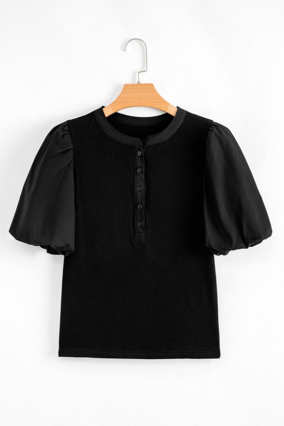 Black Ribbed Patchwork Puff Sleeve Henley Slim Fit Top | Women Knit Tops