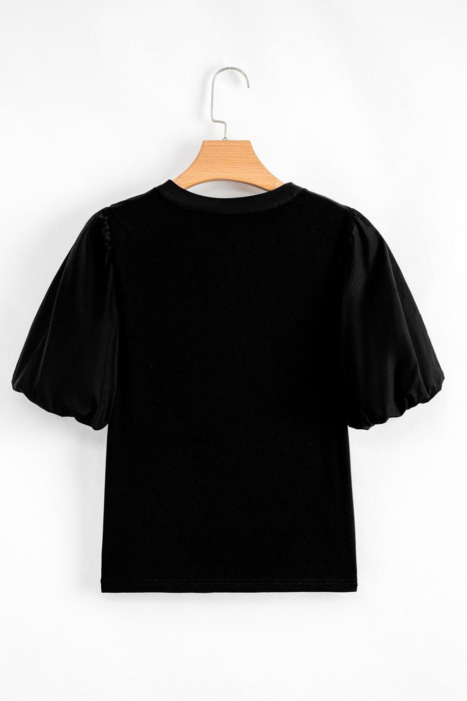 Black Ribbed Patchwork Puff Sleeve Henley Slim Fit Top | Women Knit Tops