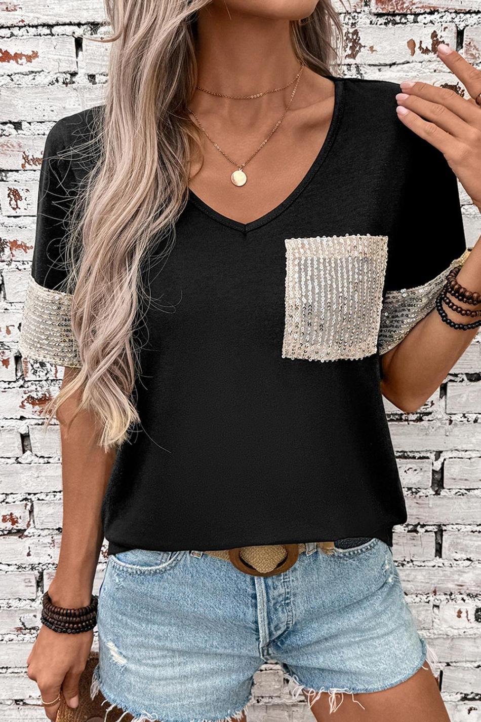 Black Sequin Pocket Patchwork Sleeve V Neck T Shirt | Women T Shirts