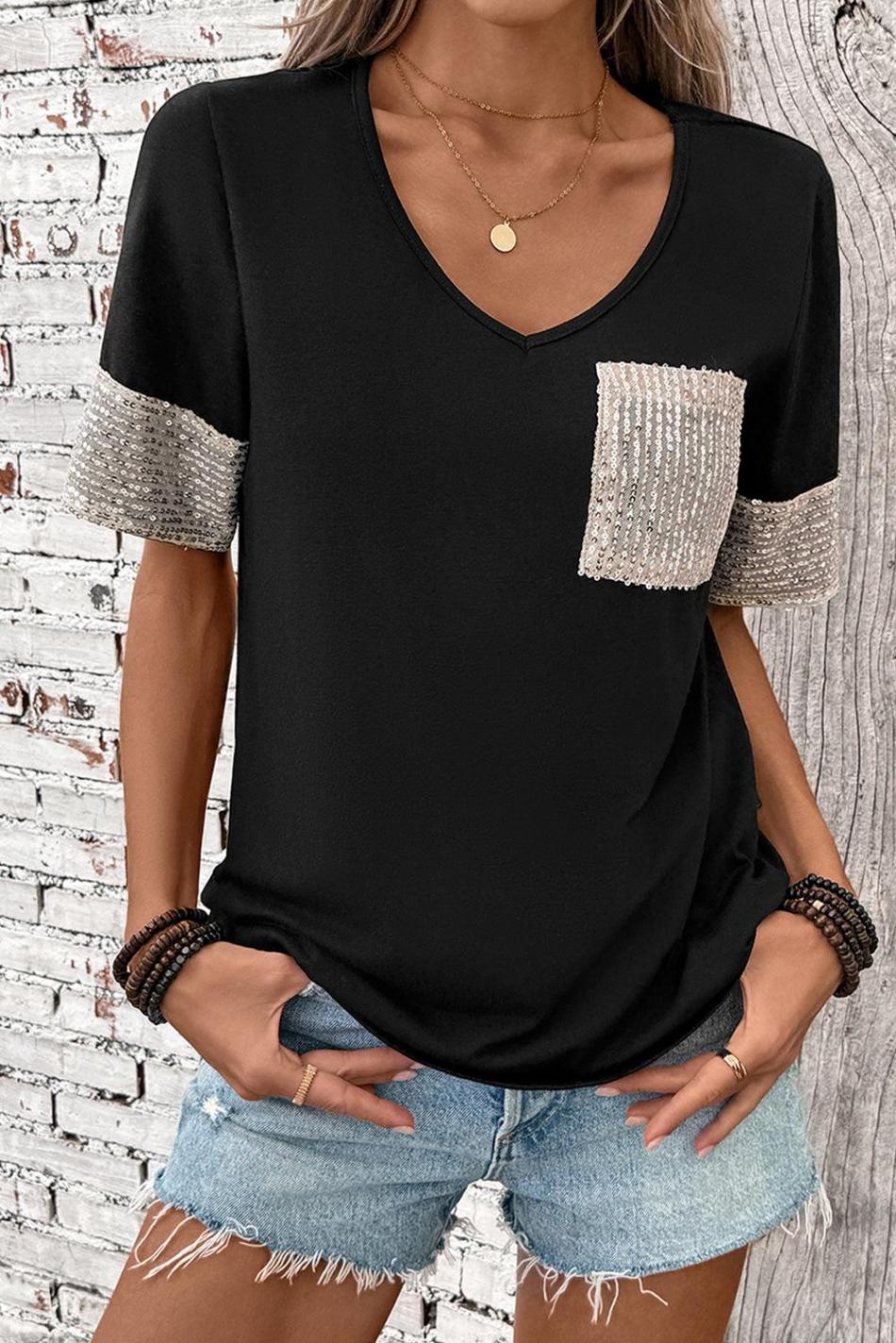 Black Sequin Pocket Patchwork Sleeve V Neck T Shirt | Women T Shirts