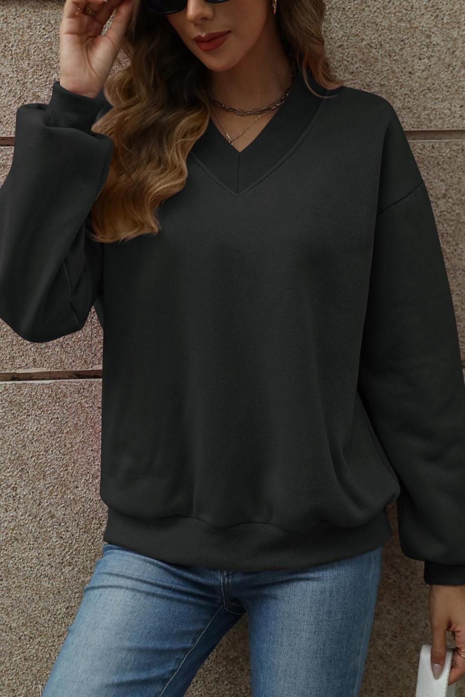 Black Solid Colour V-Neck Loose Fit Sweatshirt | Women Sweatshirts & Hoodies