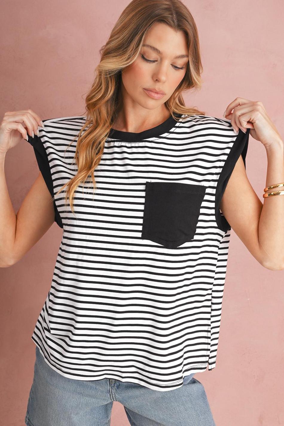 Black Stripe Chest Pocket Patch Round Neck Sleeveless Tee | Women Sleeveless Tops
