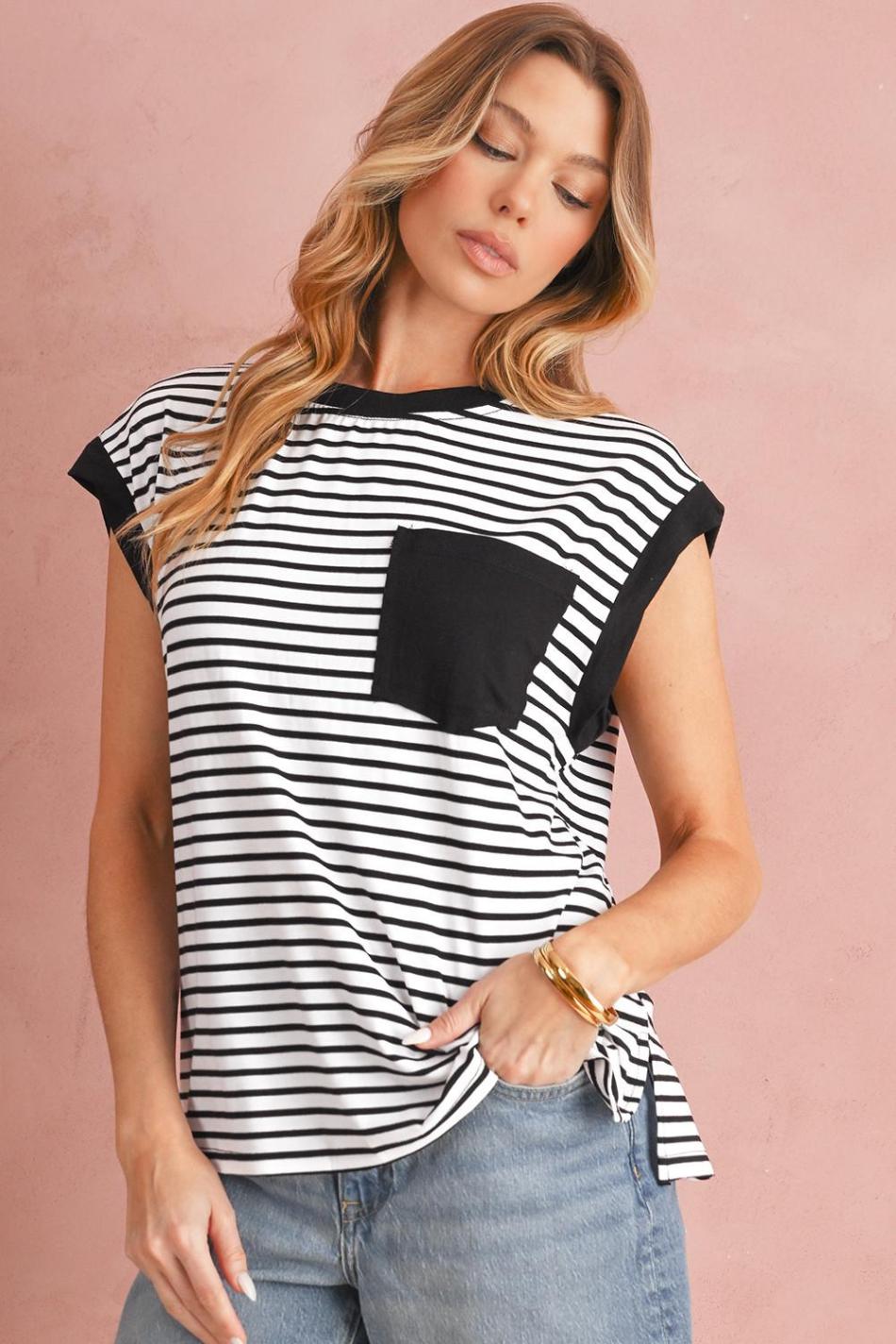 Black Stripe Chest Pocket Patch Round Neck Sleeveless Tee | Women Sleeveless Tops