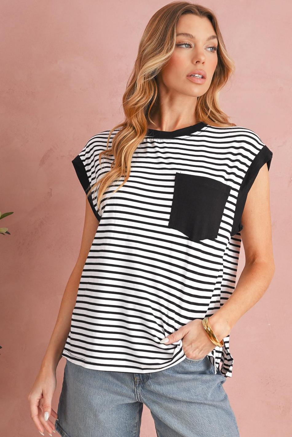 Black Stripe Chest Pocket Patch Round Neck Sleeveless Tee | Women Sleeveless Tops