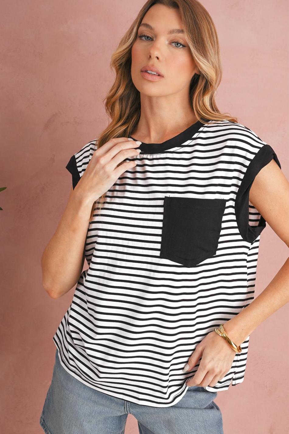 Black Stripe Chest Pocket Patch Round Neck Sleeveless Tee | Women Sleeveless Tops