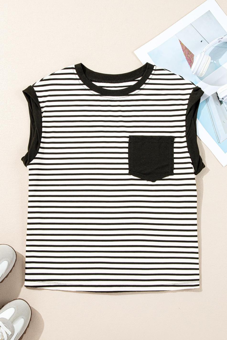Black Stripe Chest Pocket Patch Round Neck Sleeveless Tee | Women Sleeveless Tops