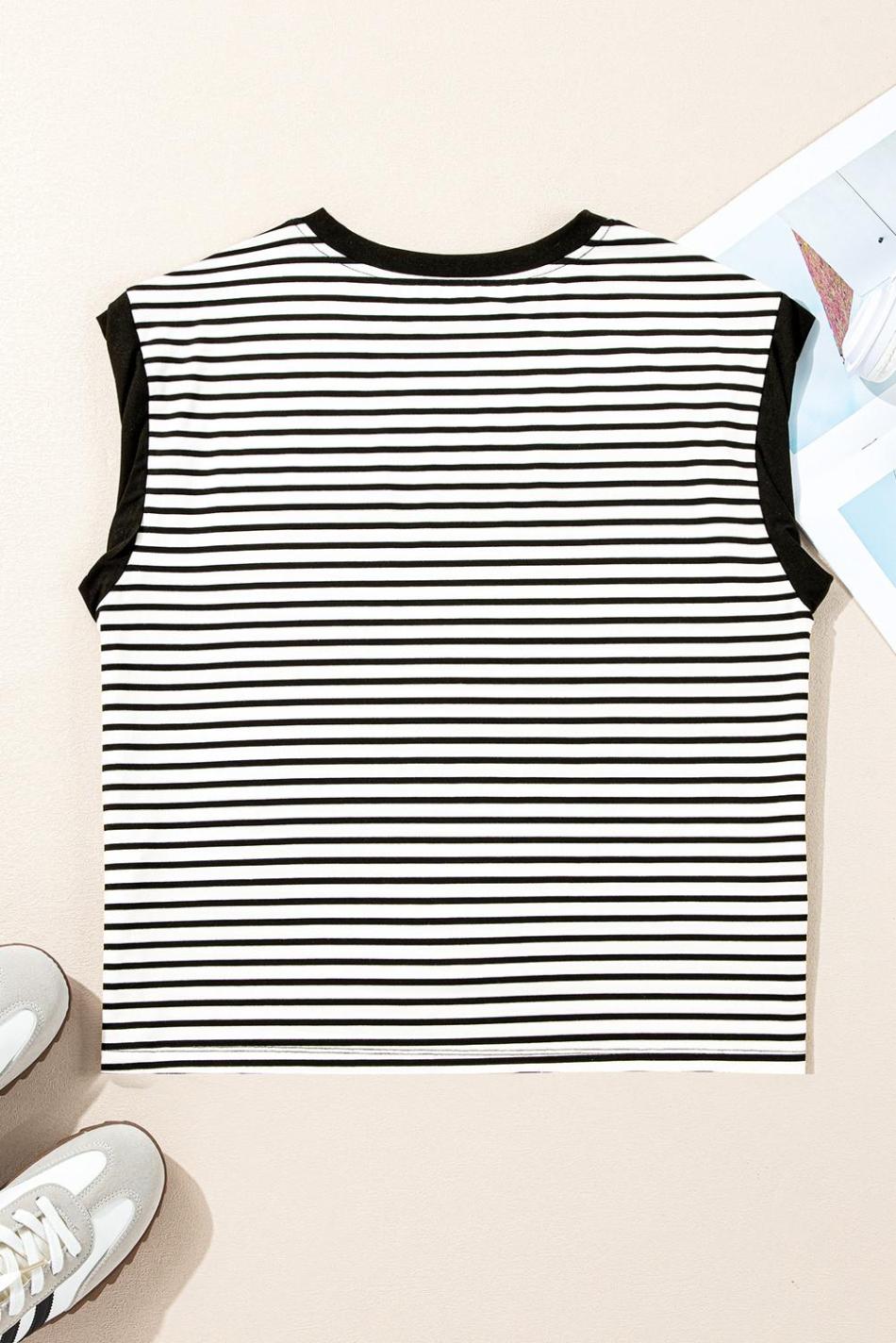 Black Stripe Chest Pocket Patch Round Neck Sleeveless Tee | Women Sleeveless Tops