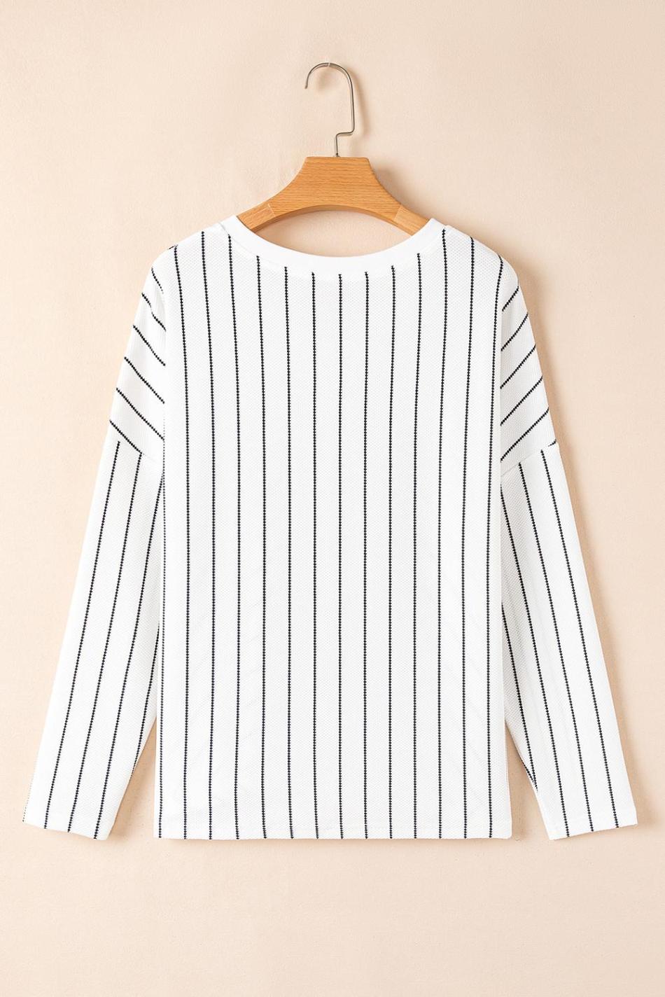 Black Stripe V Neck Long Sleeve Waffle Knit Top | Women Long Sleeve Tops