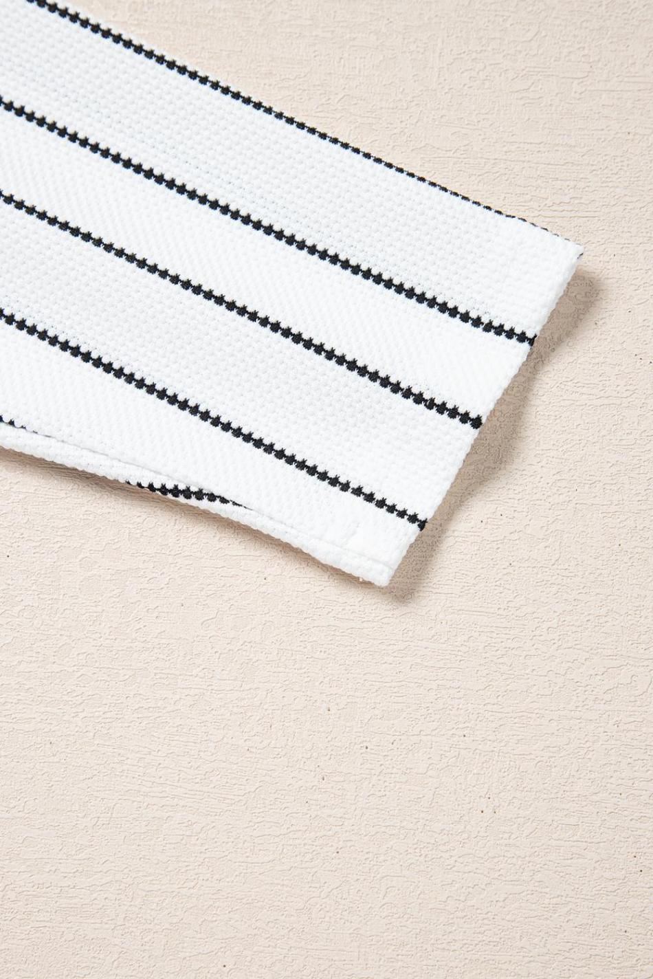 Black Stripe V Neck Long Sleeve Waffle Knit Top | Women Long Sleeve Tops