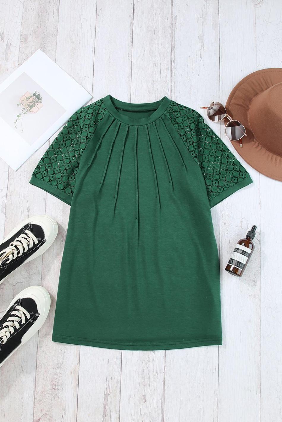 Blackish Green Seamed Detail Contrast Lace Raglan Sleeve Tee | Women T Shirts