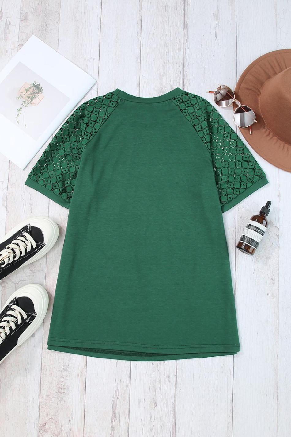 Blackish Green Seamed Detail Contrast Lace Raglan Sleeve Tee | Women T Shirts