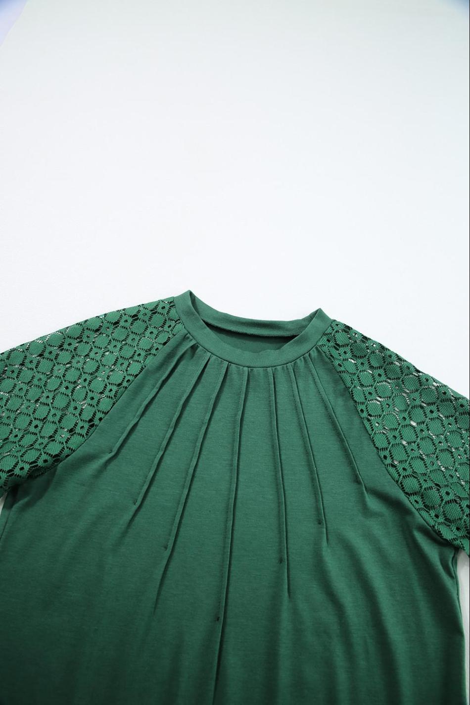 Blackish Green Seamed Detail Contrast Lace Raglan Sleeve Tee | Women T Shirts