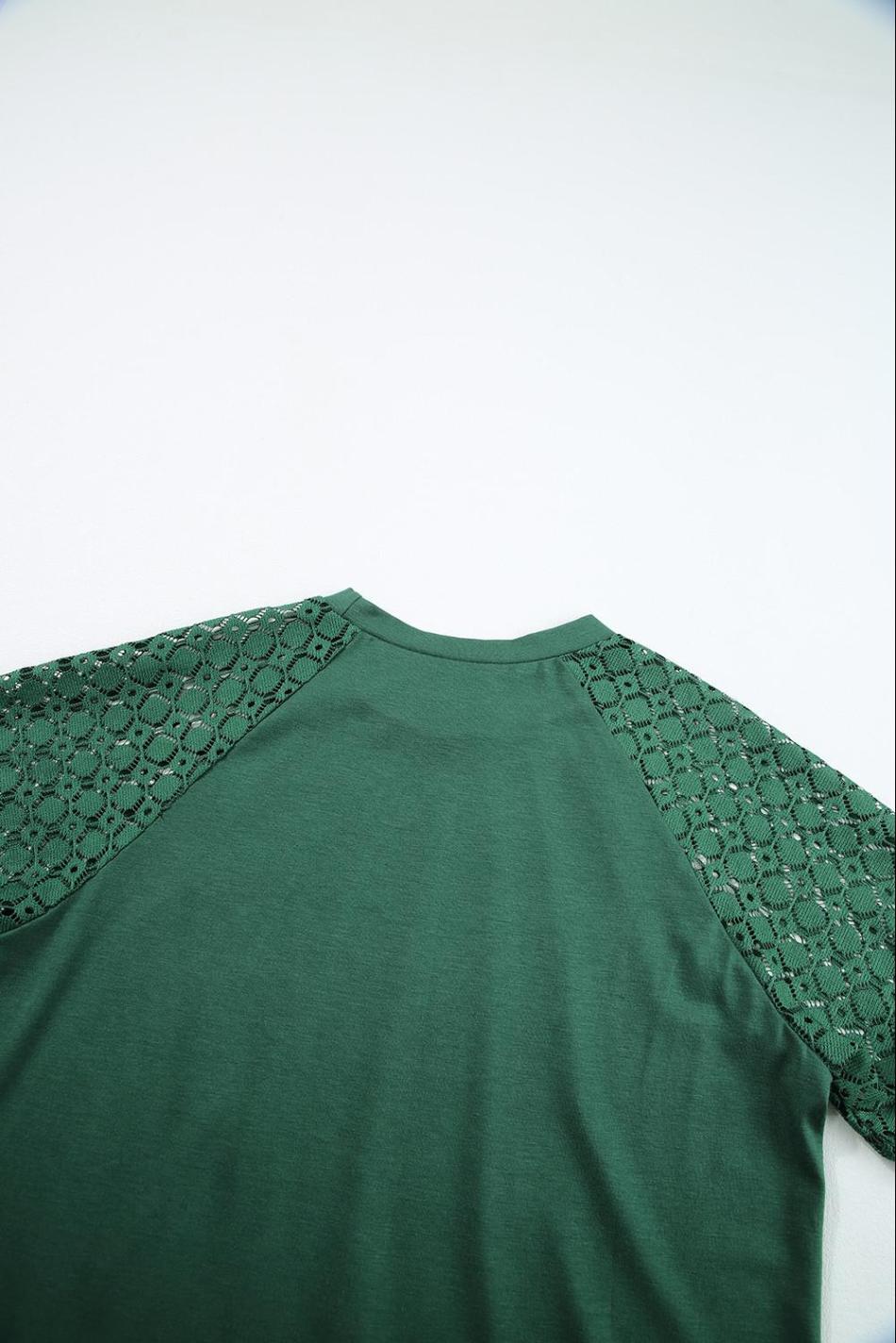 Blackish Green Seamed Detail Contrast Lace Raglan Sleeve Tee | Women T Shirts