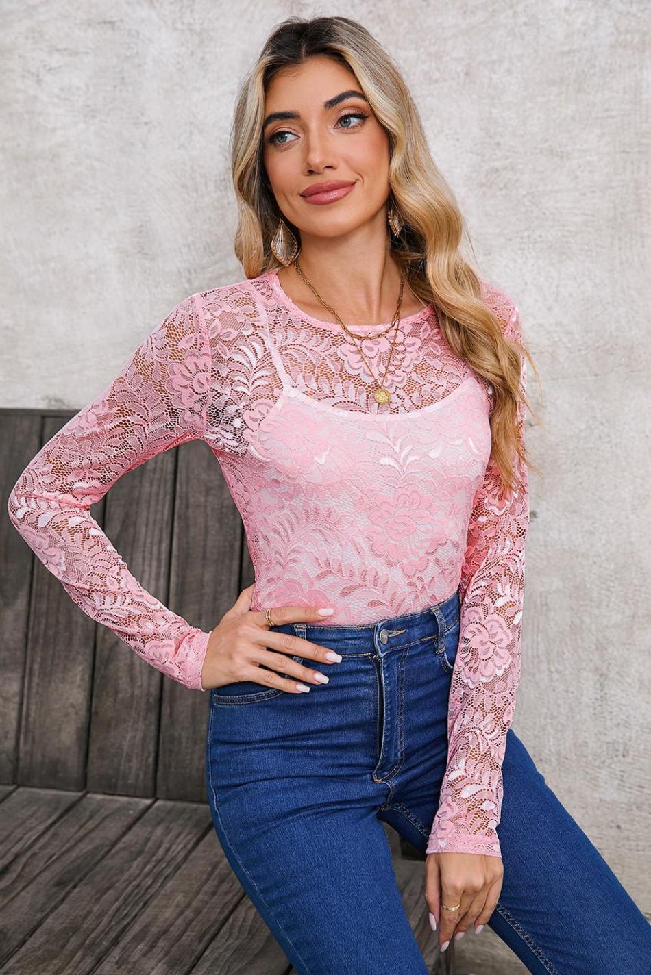 Blossom Floral Lace Sheer Long Sleeve Top | Women Long Sleeve Tops