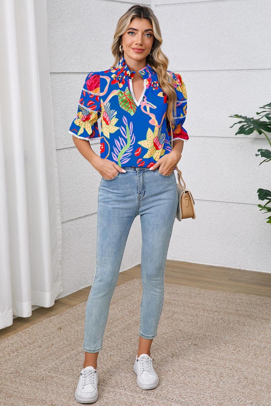 Blue Frill V-Neck Abstract Print Blouse | Women Blouses