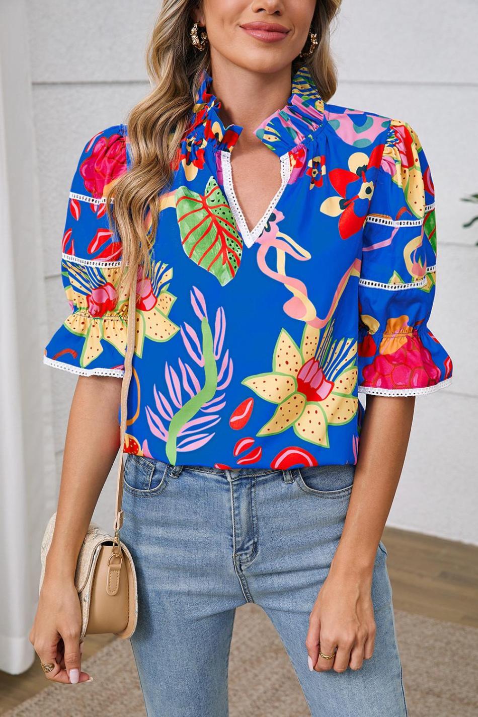 Blue Frill V-Neck Abstract Print Blouse | Women Blouses