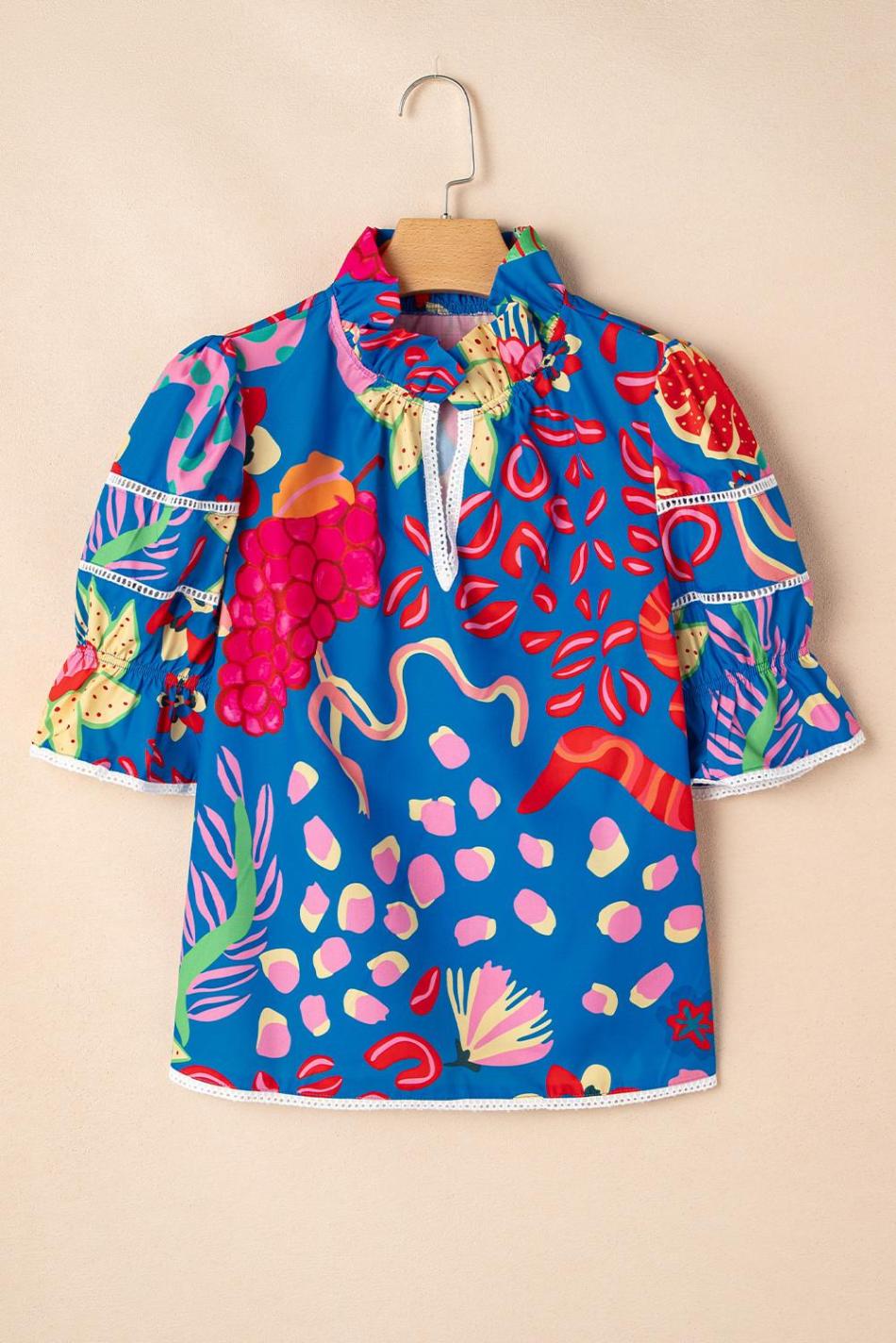 Blue Frill V-Neck Abstract Print Blouse | Women Blouses
