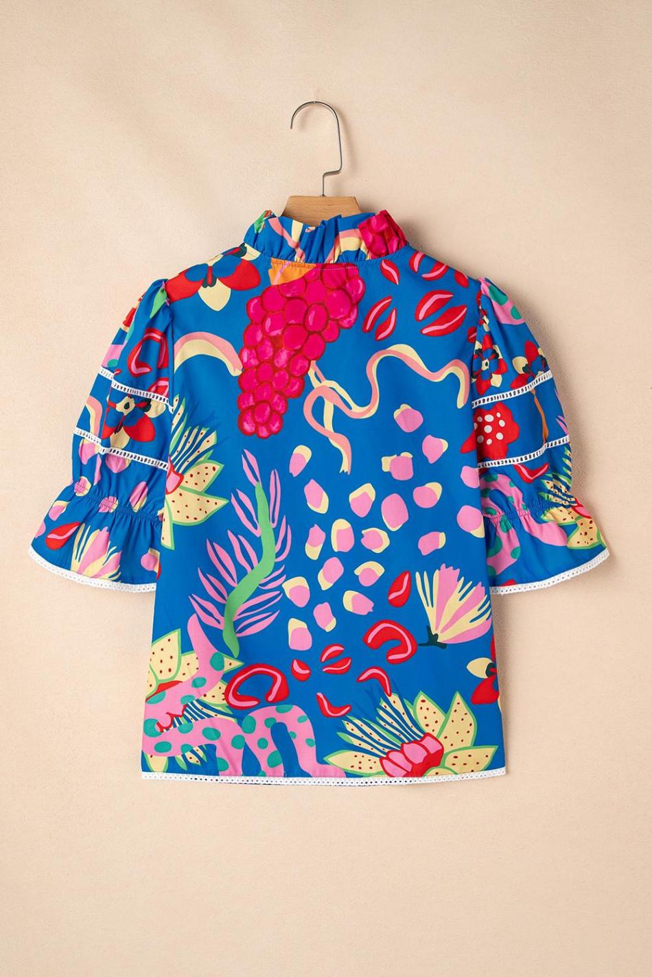 Blue Frill V-Neck Abstract Print Blouse | Women Blouses