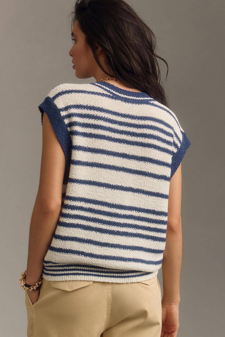 Blue Stripe Loose Buttoned V Neck Knit Vest | Women Knit Tops
