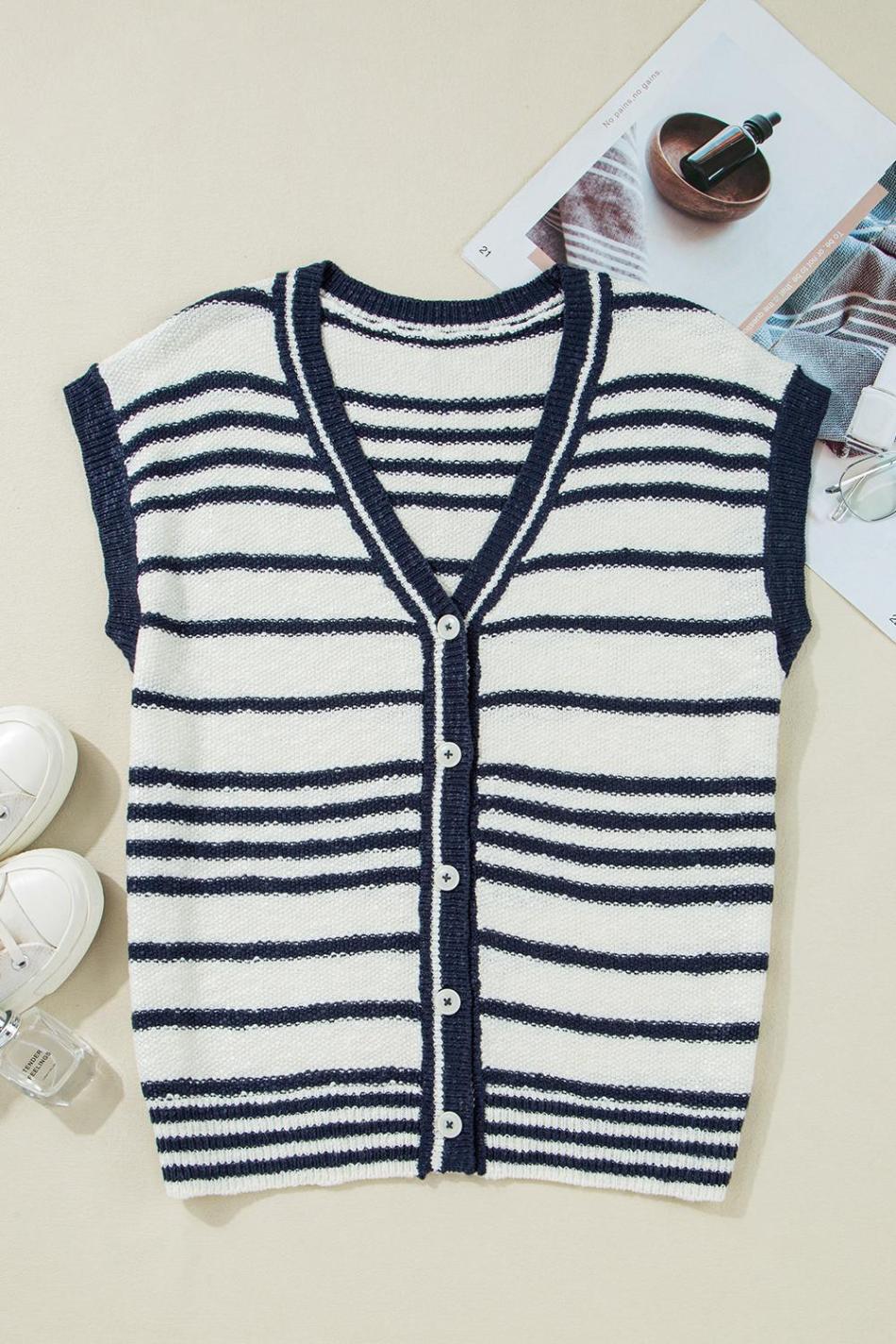 Blue Stripe Loose Buttoned V Neck Knit Vest | Women Knit Tops