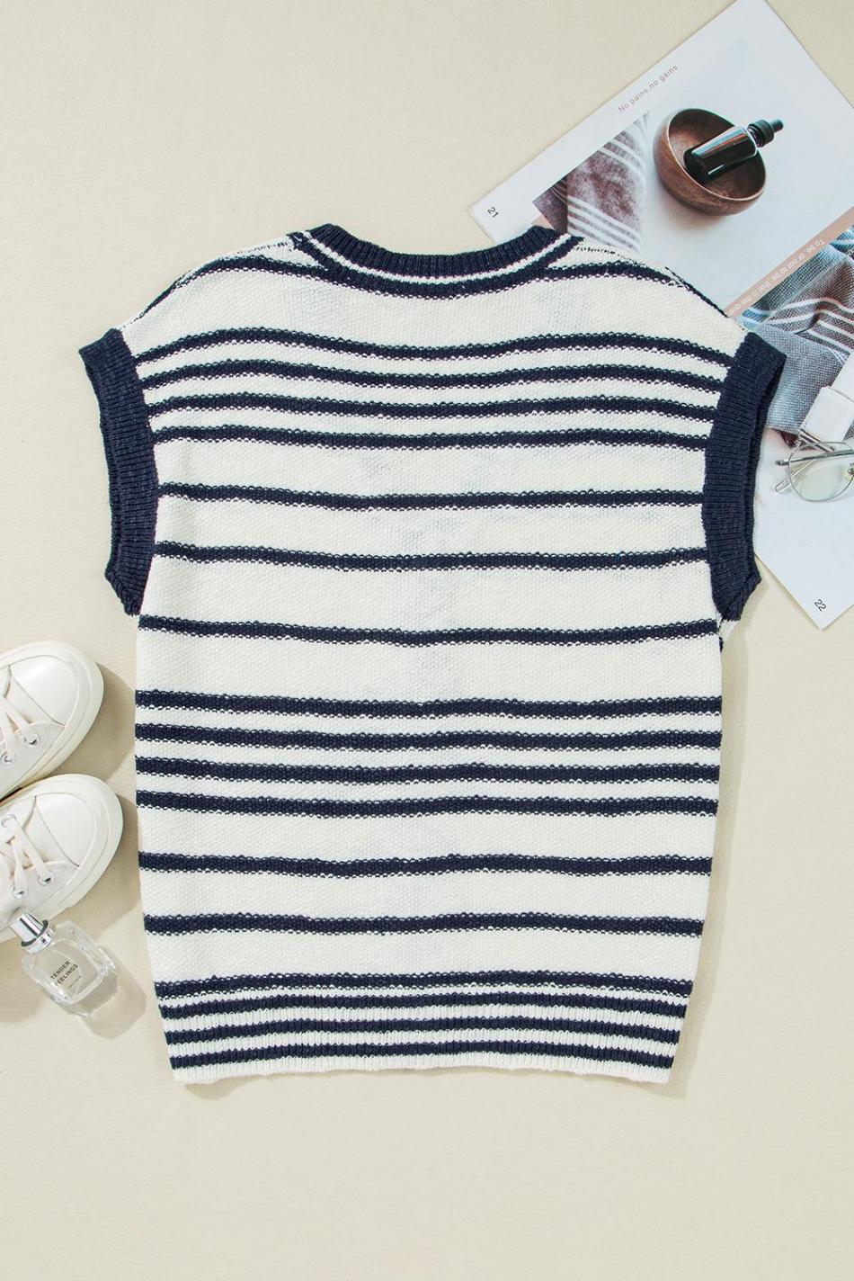 Blue Stripe Loose Buttoned V Neck Knit Vest | Women Knit Tops