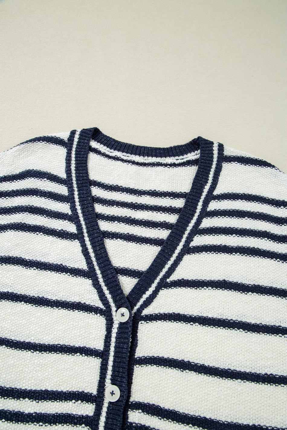 Blue Stripe Loose Buttoned V Neck Knit Vest | Women Knit Tops