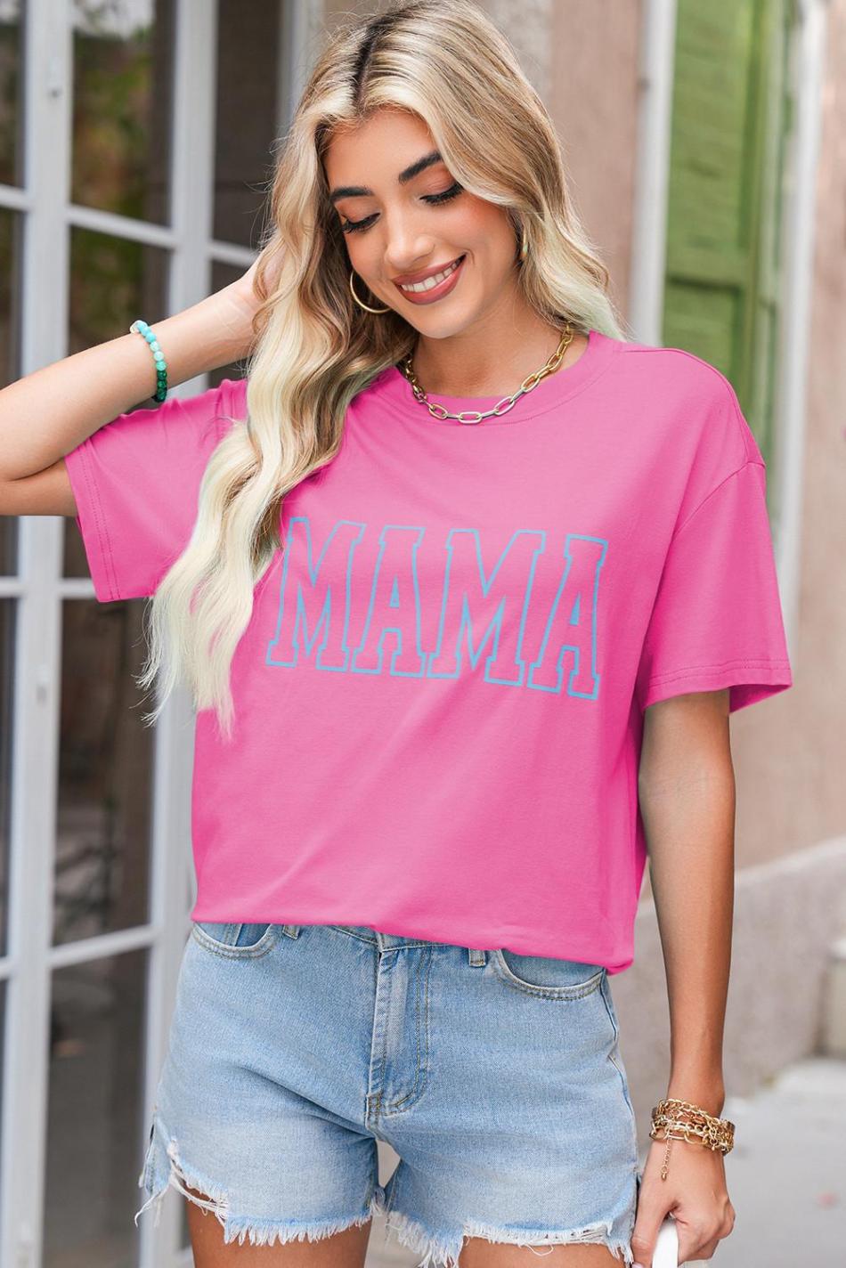 Bright Pink Mama Letter Graphic T Shirt | Women T Shirts