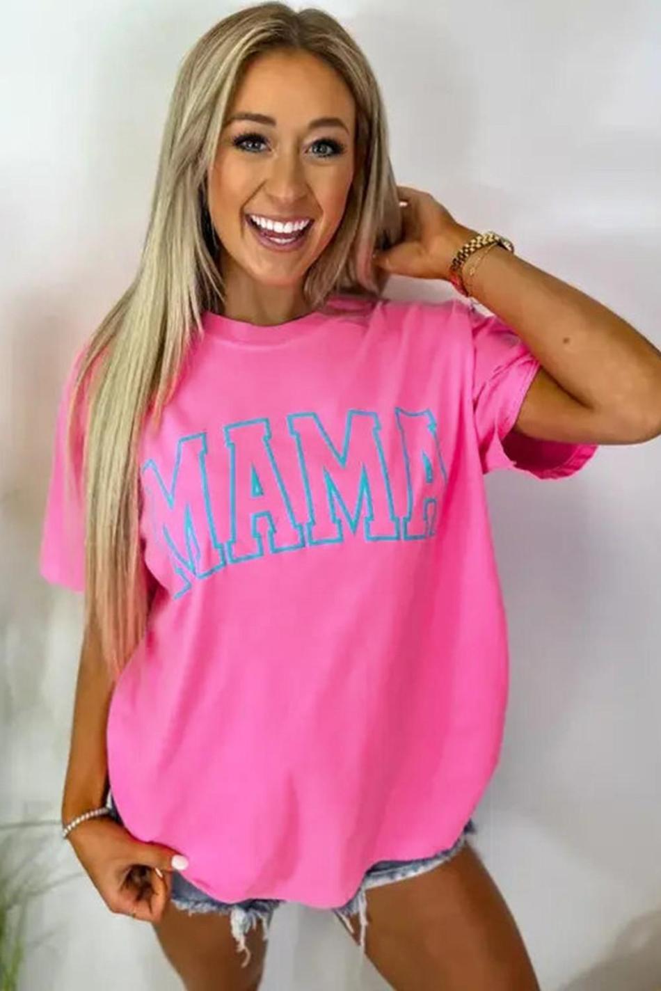 Bright Pink Mama Letter Graphic T Shirt | Women T Shirts