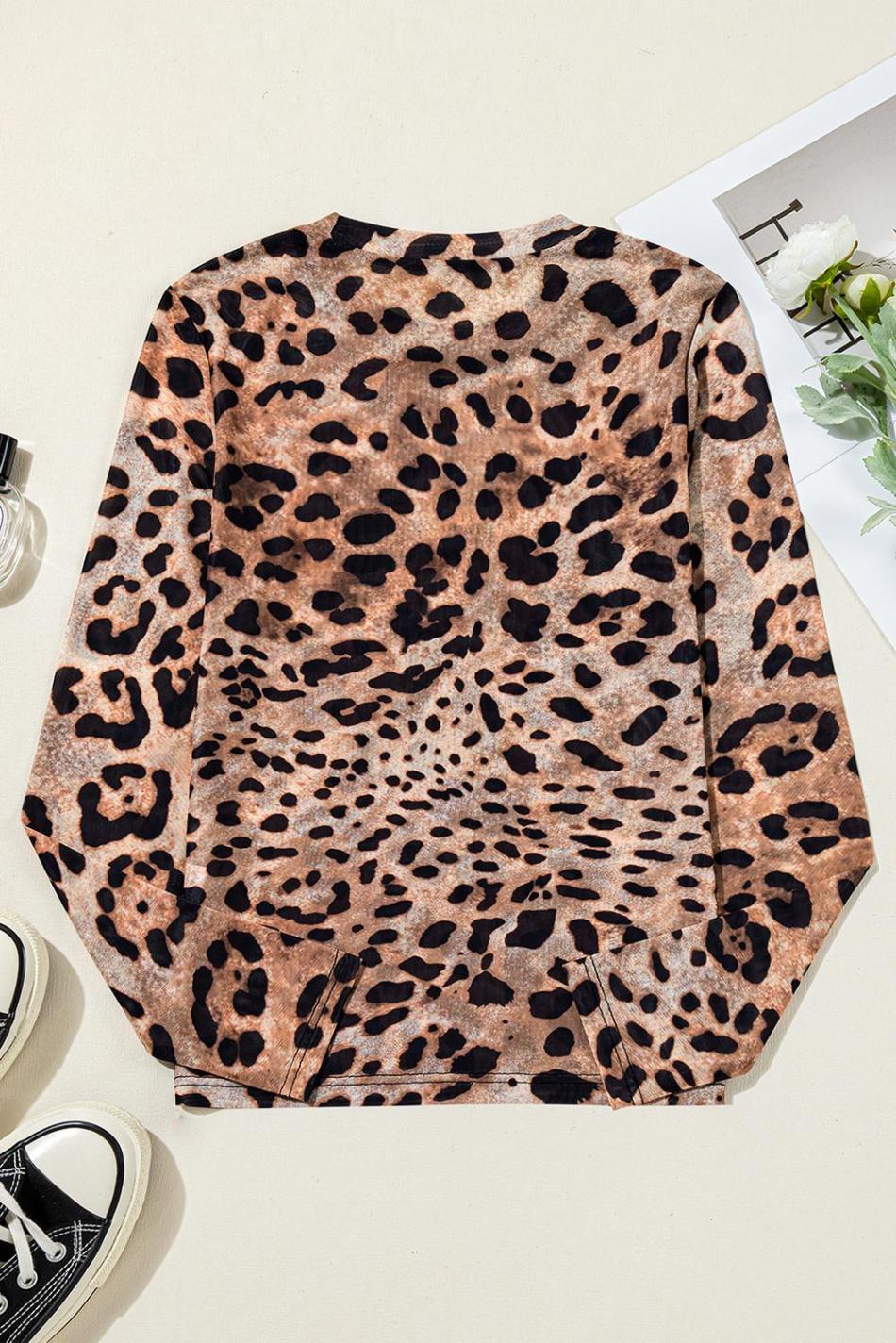 Brown Allover Leopard Round Neck Long Sleeve Slim Top | Women Long Sleeve Tops